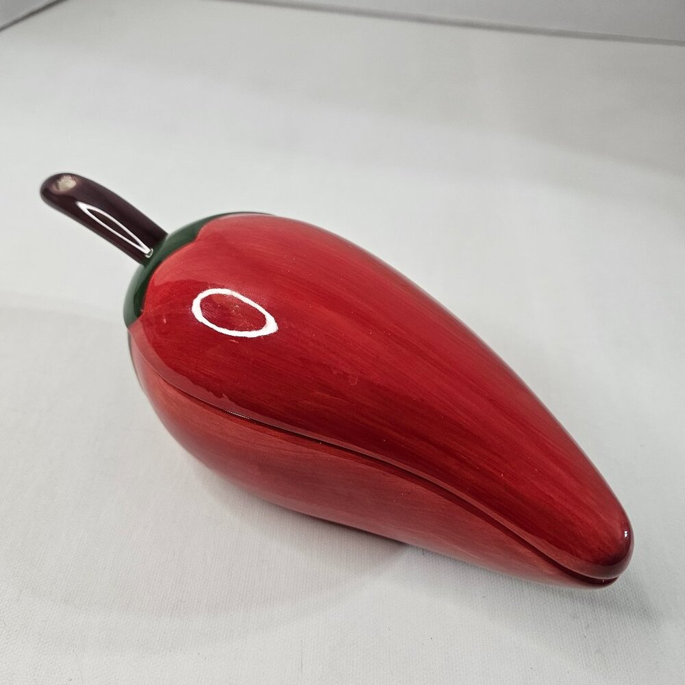 Ceramic Red Chili Pepper Shaped Salsa Dip Serving Bowl Lid Brown Spoon Unbranded